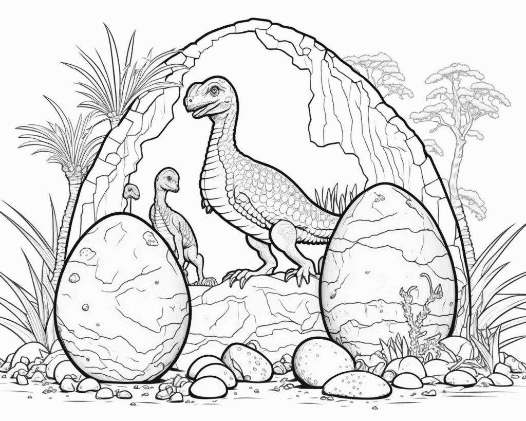 Színező egy nagyobb és egy kisebb dinoszaurusszal egy boltív alatt, két nagy tojás között